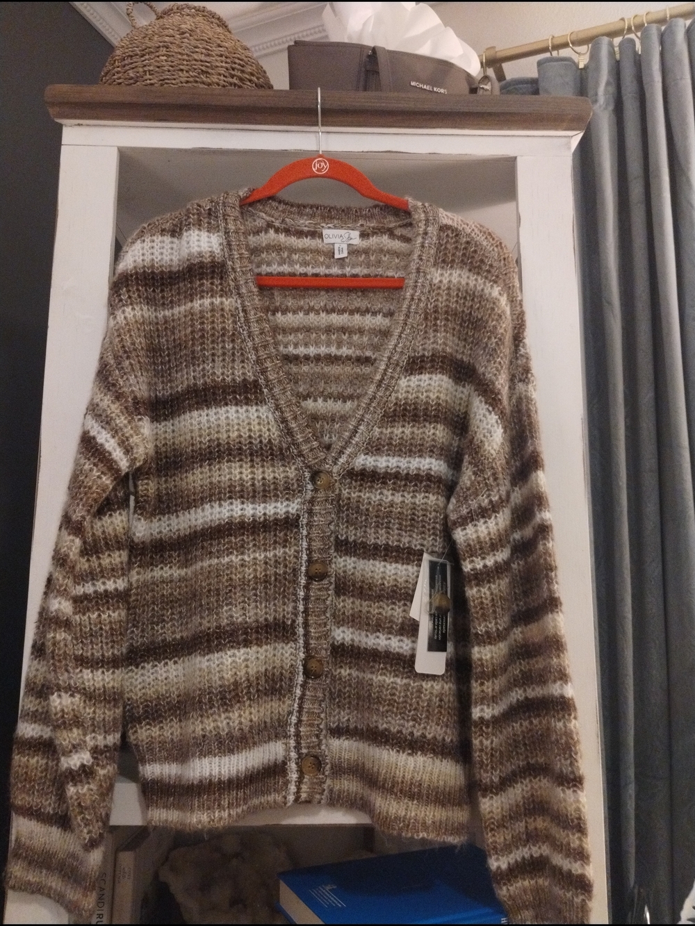 Brown and Cream Striped V‑Neck Button Cardigan NWT